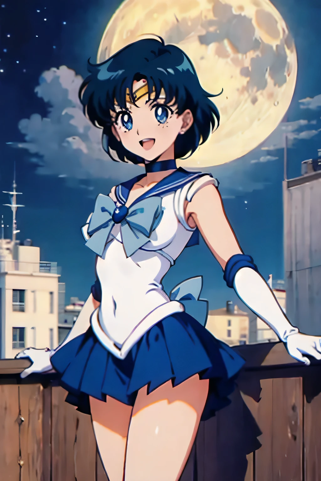 (masterpiece), 1girl, solo, perfect sexy female body,  anime screencap,1990s \(style\), (art by Naoko Takeuchi), rooftop, skyline, night, fog, starry sky, full moon, bishoujo senshi sailor moon, EPsmSailorMercury, short hair, blue hair, blue eyes, skirt, white gloves, cowboy shot, tiara, choker, solo, pleated skirt, blue skirt, smile, gloves, circlet, blue choker, open mouth, elbow gloves, sailor collar, back bow, sailor senshi uniform, jewelry, bow, blue bow, magical girl, blue sailor collar, (((sleeveless))), armpit