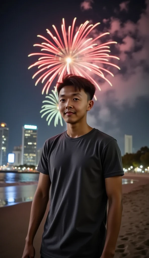 Fireworks happy new year 2025 night sky, realistic, perfect face, Lasisan, a man with tshirt, Nha Trang beach, Nha Trang City square, background words "HAPPY NEW YEAR 2025"