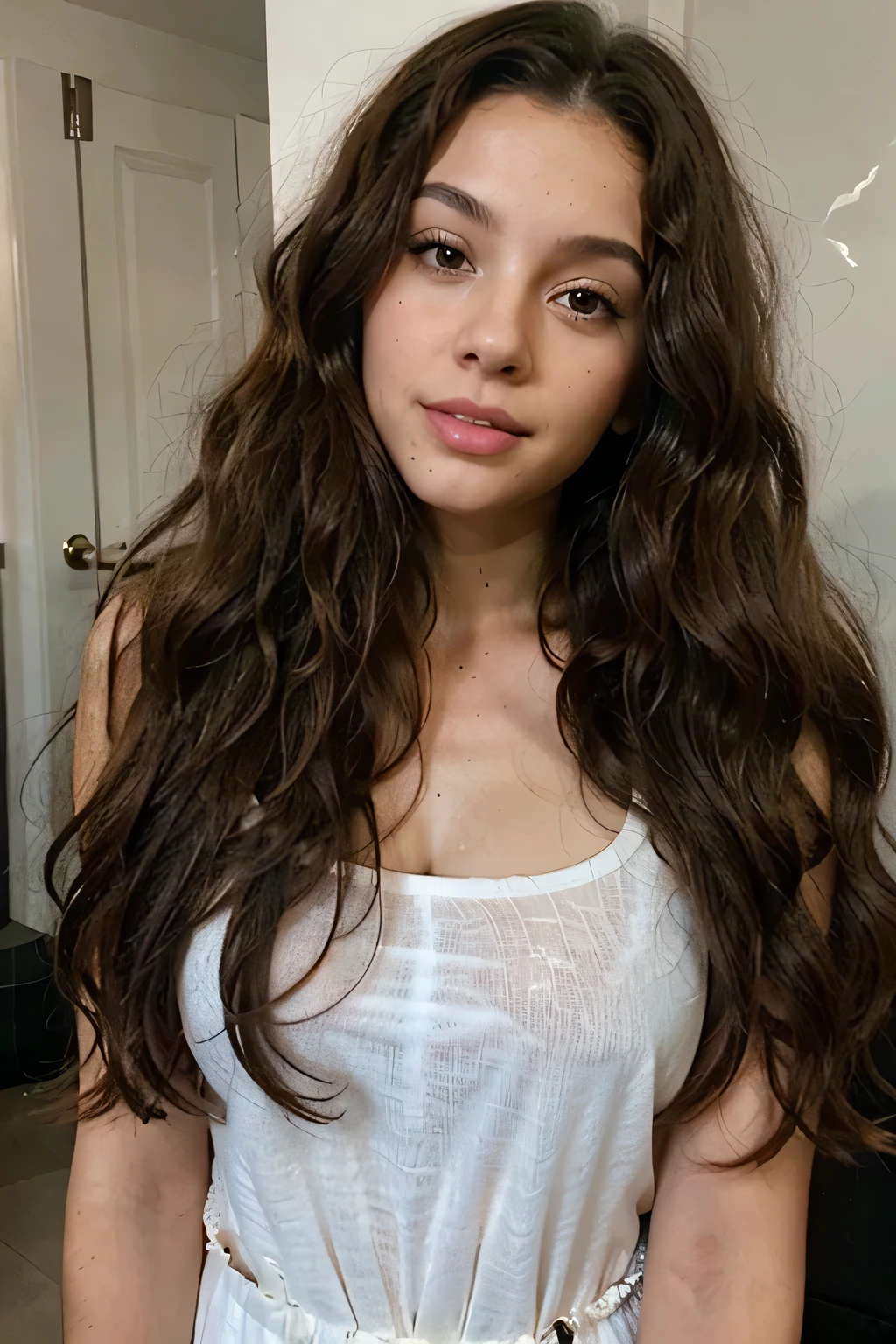 Two portraits of the same woman: profile and front. araffed woman with long curly hair and a necklace, wavy hair loose, curly brown hair, brown curly hair, brown curly hair, long curly brown hair, Portrait of Sophie Mudd, curly, curls of hair, long curly hair, with long curly hair, wavy hairstyle, medium - long curly brown hair, wavy hair, yellow theme, girl with brown hair, curly long hair
