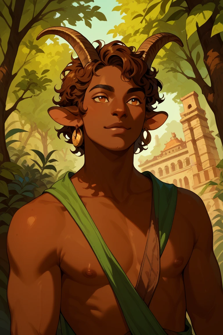 Male satyr, faun, woodland, ancient Greece, African skin, short brown hair, goat legs, goat horns, showing upper body