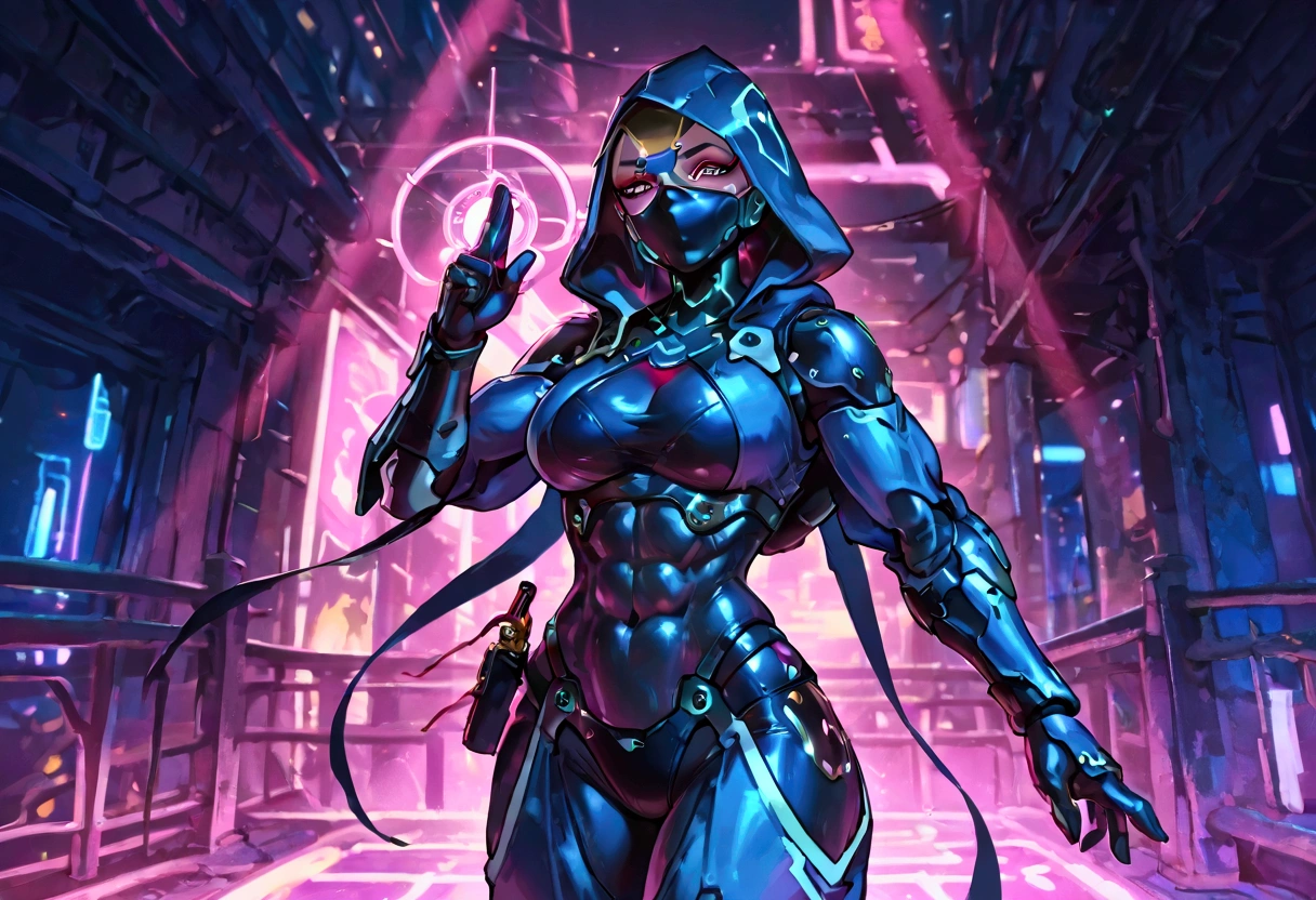 Female ninja, cobra hood, wearing ninja clothes, cyberpunk, sexy, well-toned abs, installing new hardware into herself