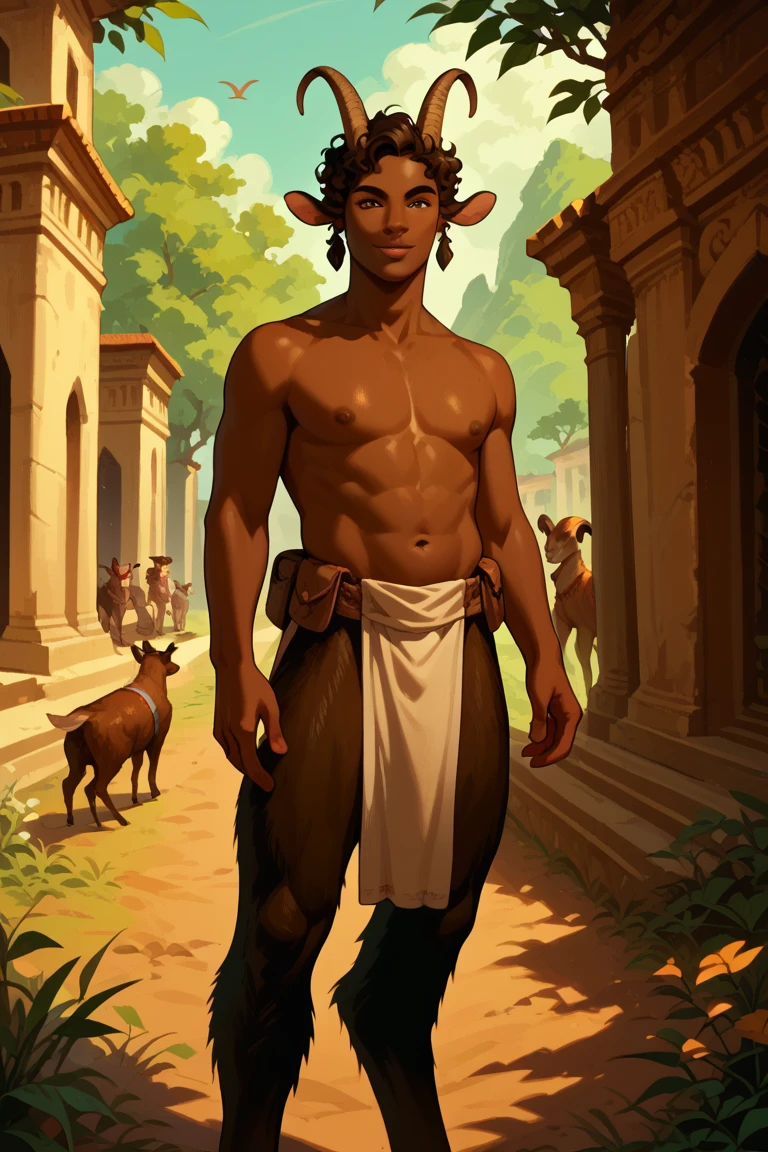 Male satyr, faun, woodland, ancient Greece, African skin, short brown hair, goat legs, goat horns, 