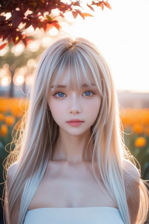 ( close-up:1.2)、(RAW shooting:1.2)、( Photorealistic :1.4)、(masterpiece:1.3)、( top quality :1.4)、Bright expression、 VERY BEAUTIFUL GIRL 、 in a pumpkin field haystacks 、Pretty and beautiful face down to the last detail 、Beautiful Bangs、 radiant white skin、Facial hair、Face bangs 、 bangs between eyes、Super long hair、 glamorous light and dark platinum blonde super long straight silky hair、 charming and radiant beautiful bright transparent light blue big eyes 、 gorgeous dress、 double eyelids、Wide Chest、 upper body、