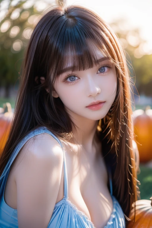 ( close-up:1.2)、(RAW shooting:1.2)、( Photorealistic :1.4)、(masterpiece:1.3)、( top quality :1.4)、Bright expression、 VERY BEAUTIFUL GIRL 、 in a pumpkin field haystacks 、Pretty and beautiful face down to the last detail 、Beautiful Bangs、 radiant white skin、Facial hair、Face bangs 、 bangs between eyes、Super long hair、 glamorous light and dark platinum blonde super long straight silky hair、 charming and radiant beautiful bright transparent light blue big eyes 、 gorgeous dress、 double eyelids、Wide Chest、 upper body、