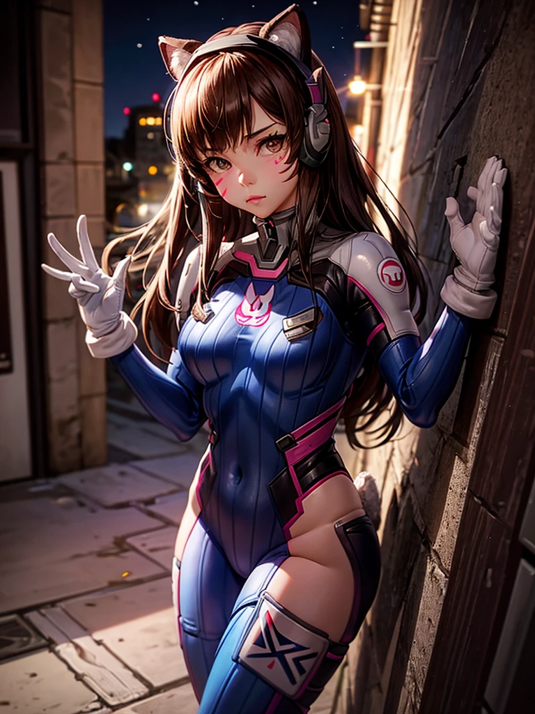 (masterpiece), (best quality), (intricate details), high resolution, visually stunning, sidelighting, (((amber eye colour which glow)), deep shadow, nothing but white background, (Dva from overwatch), (wearing a jumpsuit which is predominantly light blue, with a bit of black and purple on the sides), brown hair, heart-shaped pupils, , innocent smile, cinematic lighting, sparkle, ray tracing, backlighting, ((super shiny face)), thick thighs with skinny body, winking,