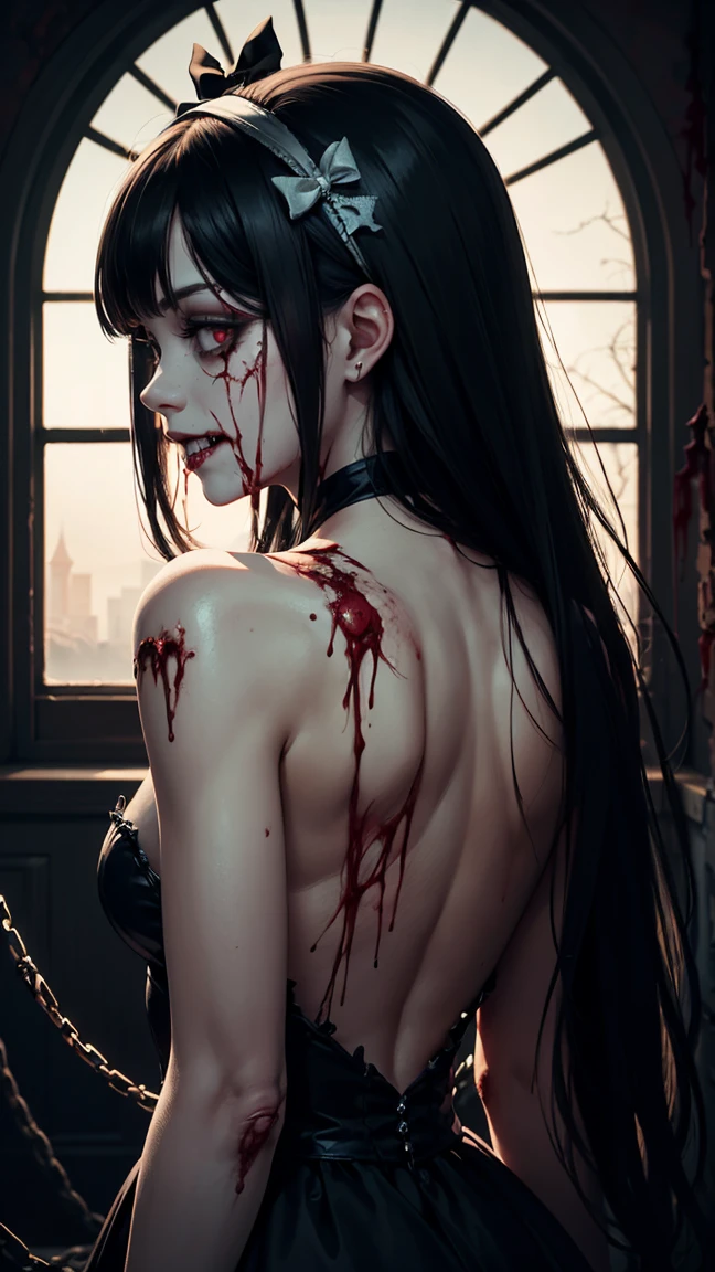 Long black hair, creepy carved smile, female Jeff the killer, white skin, arched back, curvy, nude, gray skin, covered in blood, wide crazy eyes, heavy eye bags, curly hair,