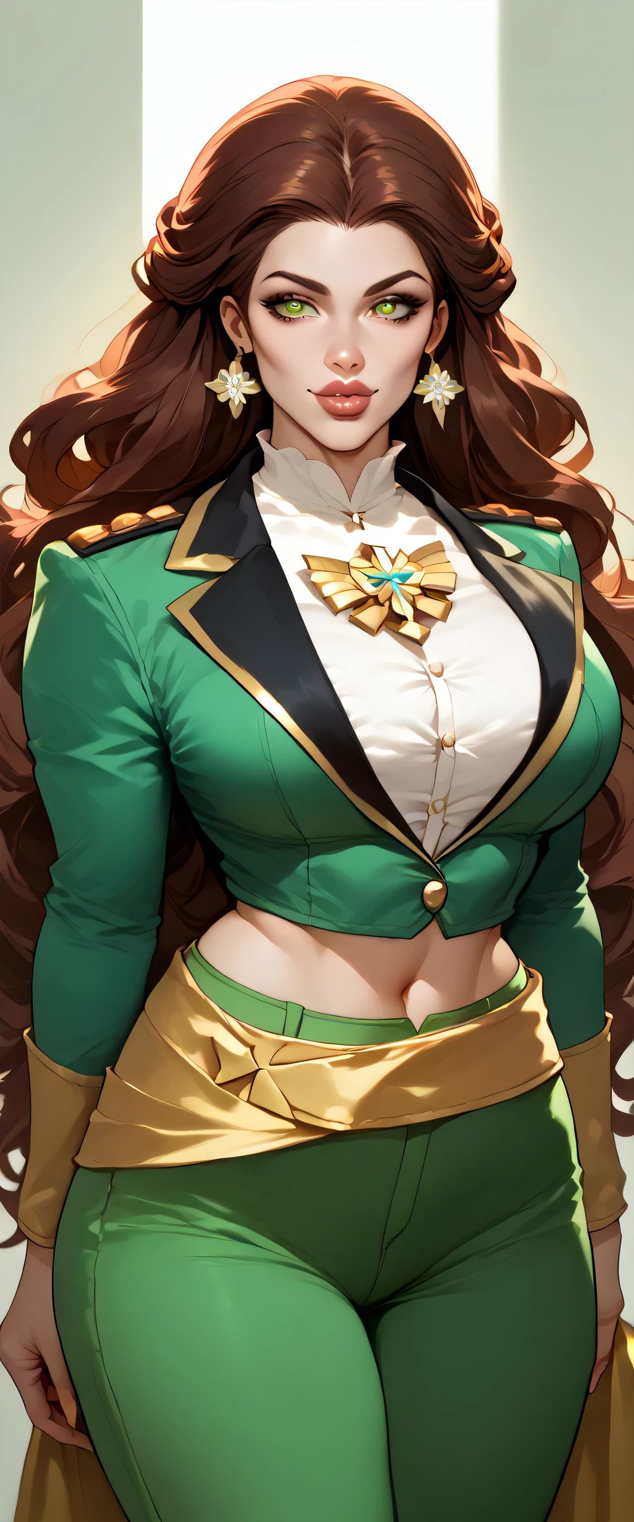 A Russian woman tender big breasted kind wavy hair longer bright red her eyes brown rectangle pupils big lips Rosa is light green military suit brushes yellow line shows navel and her light green pants wearing a yellow belt