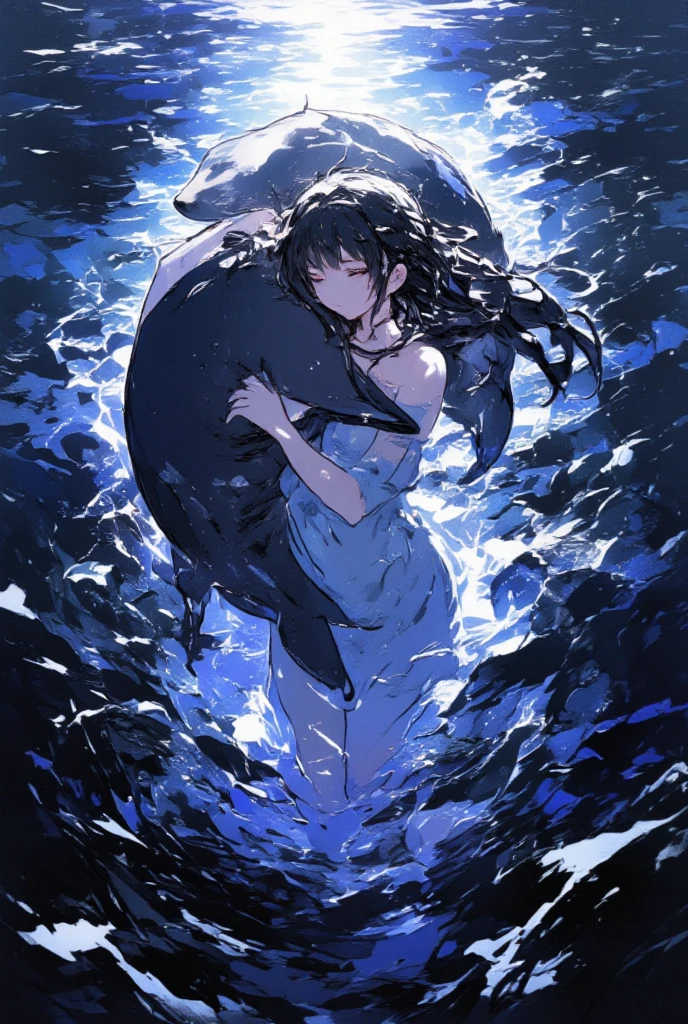 ((line-art Anime, manga aesthetic, highly detailed, vibrant colors, dynamic lighting, soft shading, 8k resolution, masterpiece)),(((1girl_seal:1.2)))A woman emerging from water, with a seal climbing up beside her to embrace her, symbolizing harmony and connection. The woman has long, flowing hair, wearing a simple, elegant dress that drapes gently around her body, creating a sense of ethereal beauty. The seal, with smooth fur and expressive eyes, gently wraps its flippers around her in a tender embrace. The scene is set in a serene, mystical landscape with soft, glowing light filtering through the water. The background is filled with gentle waves and mist, creating a peaceful atmosphere. The scene is highly detailed with dynamic lighting and vibrant colors, bringing out the contrast between the dark depths of the water and the illuminated figure of the woman and the seal. The art style is anime-inspired with manga aesthetics, soft shading, and vibrant hues that make the characters stand out beautifully. The image is rendered in 8k resolution, creating a sense of depth and intricacy in every detail, showcasing the masterpiece of this serene, magical moment."