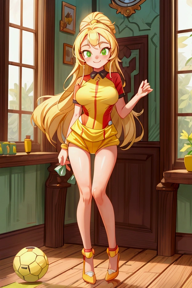 (Masterpiece, best quality) 1 girl, standing indoors with intricate details and sunlight, red and yellow soccer costume, soccer ball, blonde long hair, green eyes, sexy smile, sexy pose, coquette, beautiful long legs, mature **** girl, gorgeous body, pronounced breasts.