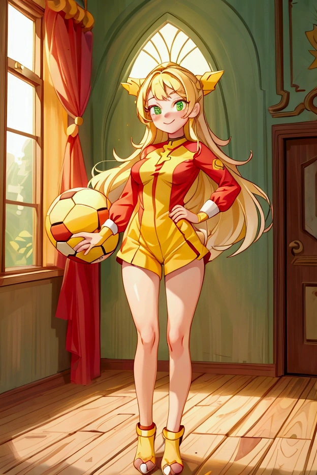 (Masterpiece, best quality) 1 girl, standing indoors with intricate details and sunlight, red and yellow soccer costume, soccer ball, blonde long hair, green eyes, sexy smile, sexy pose, coquette, beautiful long legs, mature  girl, gorgeous body, pronounced breasts.