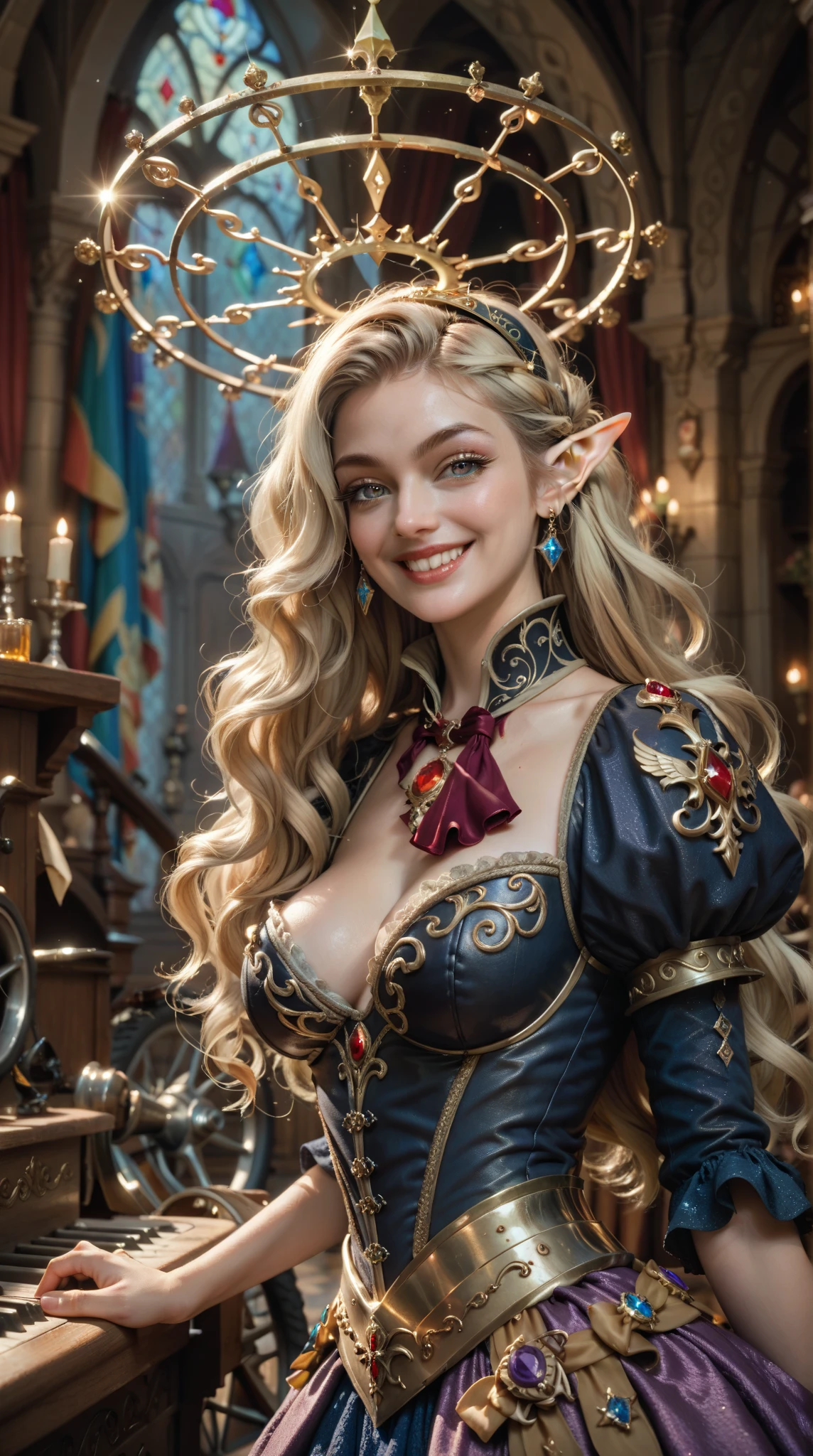  A Fierce and Mysterious The Witch，Long flowing blonde hair， Naughty Smile ， Elf Features ， Exquisite Armor ， Stately Helmet ， Elegant Curve ， Charming Eyes ， Sparkling Halo ， Mysterious Duality ， Baroque Tavern ， Light of the Wheel ，Death Magic 