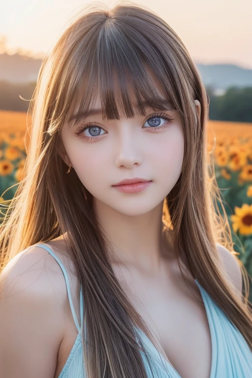 ( close-up:1.2)、(RAW shooting:1.2)、( Photorealistic :1.4)、(masterpiece:1.3)、( top quality :1.4)、Bright expression、 VERY BEAUTIFUL GIRL 、 in a pumpkin field haystacks 、Pretty and beautiful face down to the last detail 、Beautiful Bangs、 radiant white skin、Facial hair、Face bangs 、 bangs between eyes、Super long hair、 glamorous light and dark platinum blonde super long straight silky hair、 charming and radiant beautiful bright transparent light blue big eyes 、 gorgeous dress、 double eyelids、Wide Chest、 upper body、