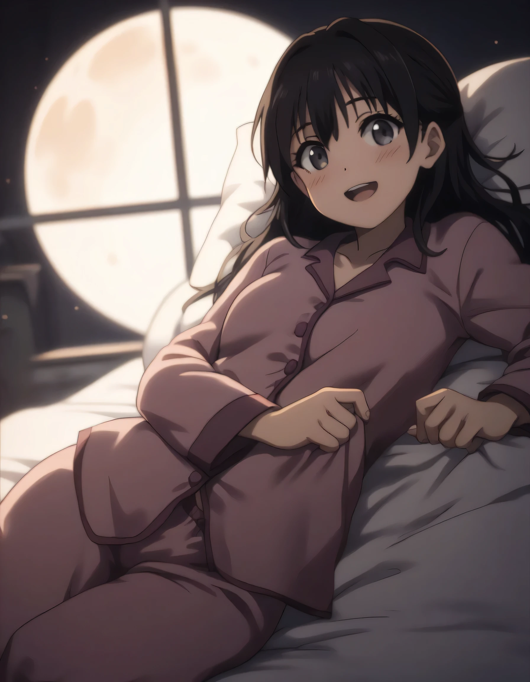 score_9, score_8_up, score_7_up, gsfghtr, long straight hair, black hair, pajamas, 1girl,solo,looking at viewer,blush,smile, open mouth, lying on bed, bed room with window, (((bright light from front))), moon, night