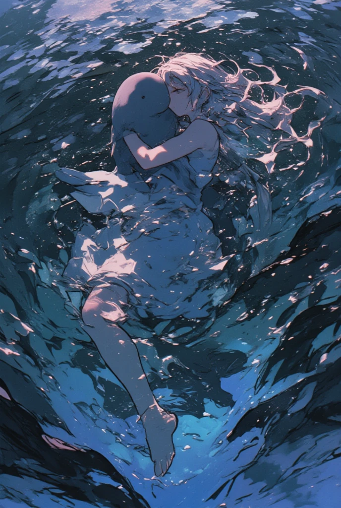 ((line-art Anime, manga aesthetic, highly detailed, vibrant colors, dynamic lighting, soft shading, 8k resolution, masterpiece)),(((1girl_seal:1.2)))A woman emerging from water, with a seal climbing up beside her to embrace her, symbolizing harmony and connection. The woman has long, flowing hair, wearing a simple, elegant dress that drapes gently around her body, creating a sense of ethereal beauty. The seal, with smooth fur and expressive eyes, gently wraps its flippers around her in a tender embrace. The scene is set in a serene, mystical landscape with soft, glowing light filtering through the water. The background is filled with gentle waves and mist, creating a peaceful atmosphere. The scene is highly detailed with dynamic lighting and vibrant colors, bringing out the contrast between the dark depths of the water and the illuminated figure of the woman and the seal. The art style is anime-inspired with manga aesthetics, soft shading, and vibrant hues that make the characters stand out beautifully. The image is rendered in 8k resolution, creating a sense of depth and intricacy in every detail, showcasing the masterpiece of this serene, magical moment."