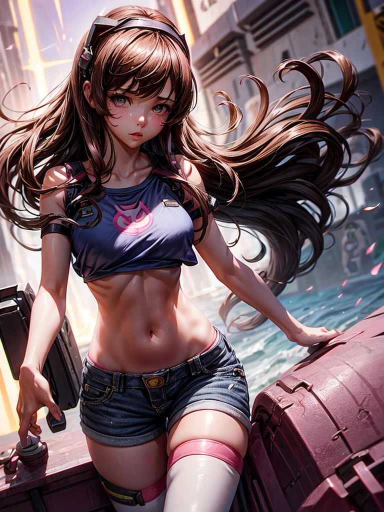 最high quality, Best image quality, masterpiece, With a girl ((Black tank top, Short denim shorts, 18-year-old, teenager, cute, Best Bust, Large Breasts, Beautiful glowing blue eyes, Wide Chest, Pink semi-long hair, Slender body, Large Breastsの谷間, With sniper rifle, Headphones, glowing back jet, Combat pose, photograph, Splash, ), high quality, Beautiful art, background ((Space Battlefield)) ), depth (Earth), Tabletop, depth of field, Cinematic