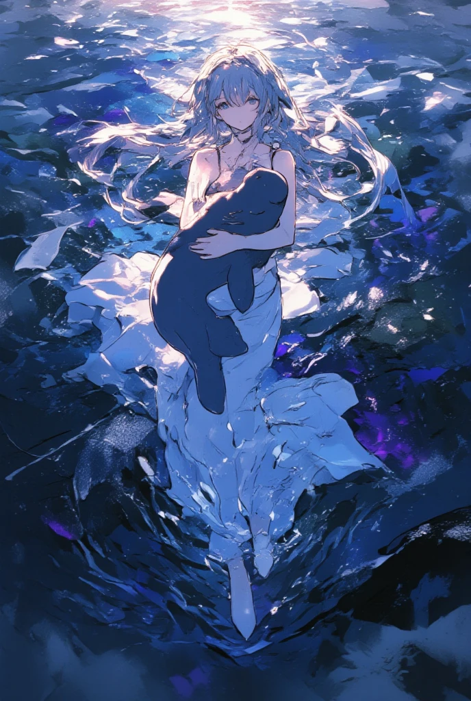 ((line-art Anime, manga aesthetic, highly detailed, vibrant colors, dynamic lighting, soft shading, 8k resolution, masterpiece)),(((1girl_seal:1.2)))A woman emerging from water, with a seal climbing up beside her to embrace her, symbolizing harmony and connection. The woman has long, flowing hair, wearing a simple, elegant dress that drapes gently around her body, creating a sense of ethereal beauty. The seal, with smooth fur and expressive eyes, gently wraps its flippers around her in a tender embrace. The scene is set in a serene, mystical landscape with soft, glowing light filtering through the water. The background is filled with gentle waves and mist, creating a peaceful atmosphere. The scene is highly detailed with dynamic lighting and vibrant colors, bringing out the contrast between the dark depths of the water and the illuminated figure of the woman and the seal. The art style is anime-inspired with manga aesthetics, soft shading, and vibrant hues that make the characters stand out beautifully. The image is rendered in 8k resolution, creating a sense of depth and intricacy in every detail, showcasing the masterpiece of this serene, magical moment."