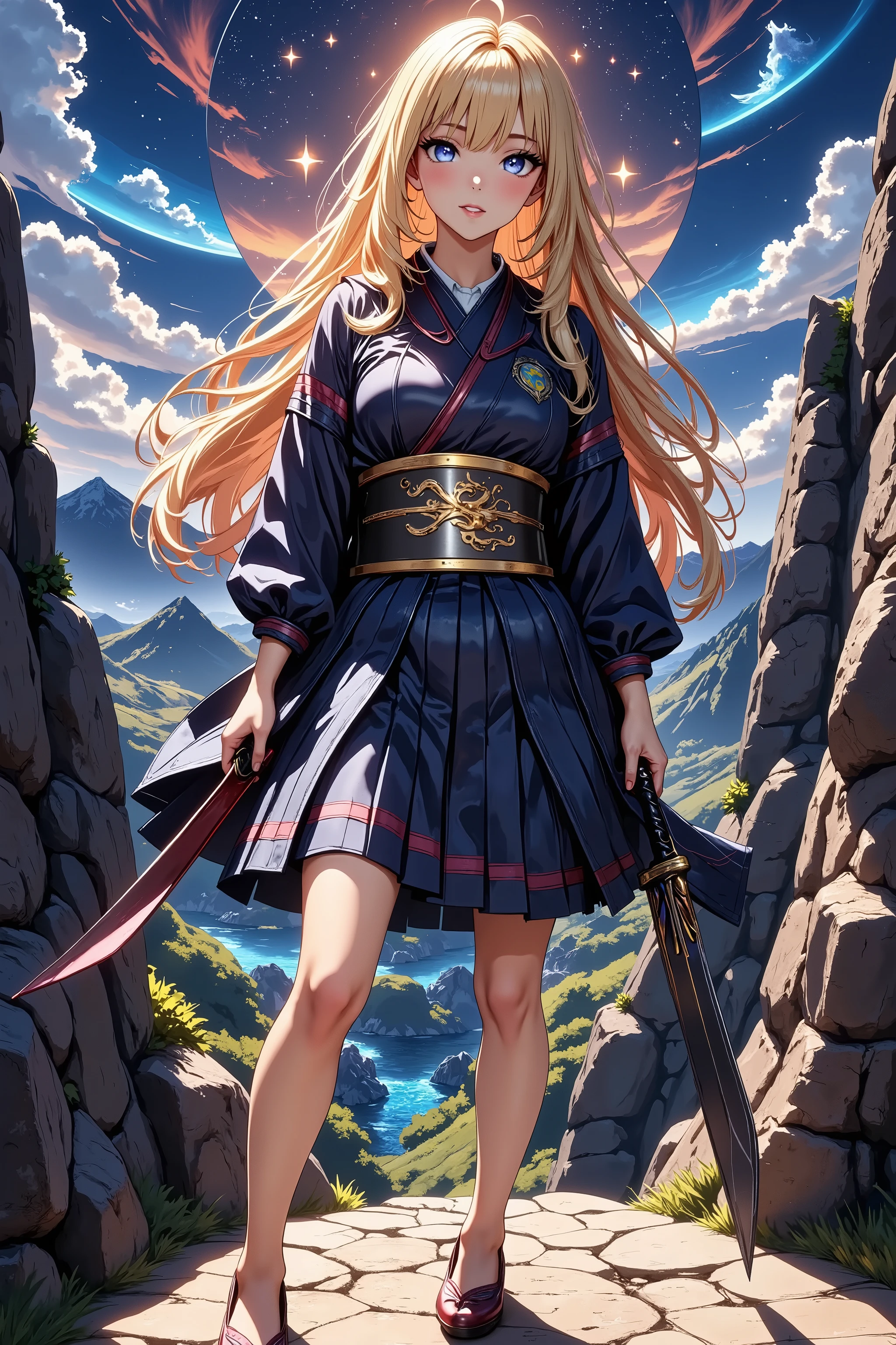 An uninouchi overlooking the town、 Japanese Knife 、Sengoku Warlord Armor、glossy brown skin, small breasts, video, yellow hair, inviting, top quality, textured skin, thin legs, high heels, movie light effect, Mountain top, Big city night view , Japanese Kimono