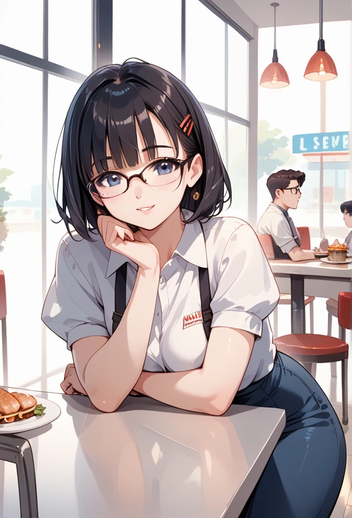 Dark hair, glasses, 90s American restaurant