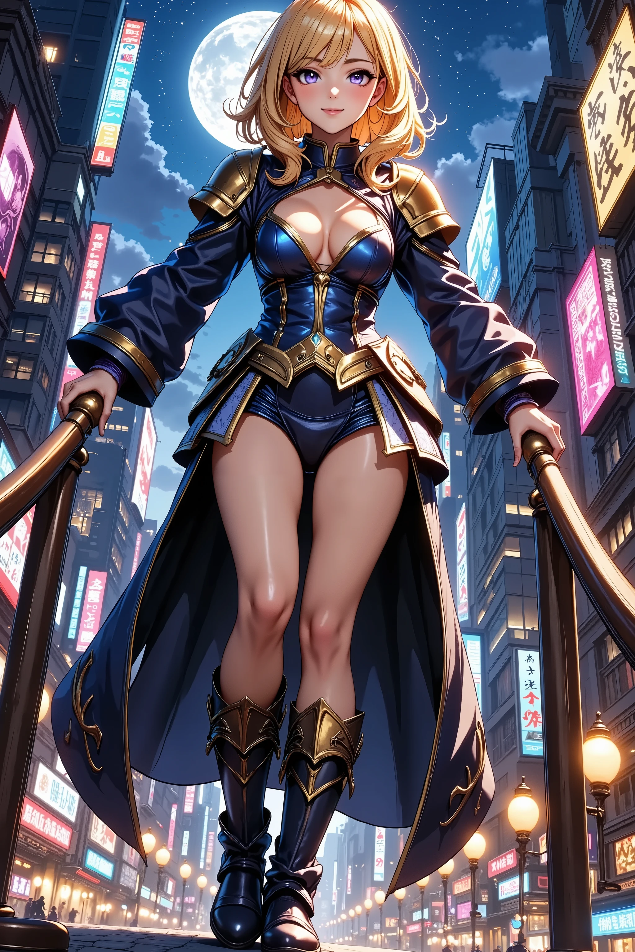An uninouchi overlooking the town、 Japanese Knife 、Sengoku Warlord Armor、glossy brown skin, small breasts, video, yellow hair, inviting, top quality, textured skin, thin legs, high heels, movie light effect, Mountain top, Big city night view