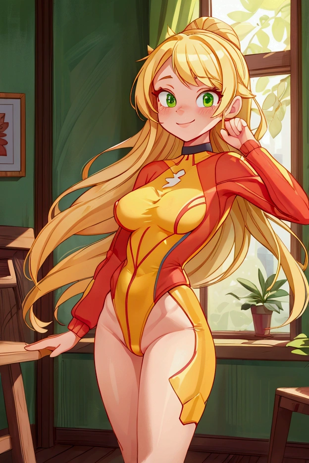 (Masterpiece, best quality) 1 girl, standing indoors with intricate details and sunlight, red and yellow sport costume, blonde long hair, green eyes, sexy smile, sexy pose, coquette, beautiful long legs, mature  girl, gorgeous body, pronounced breasts.