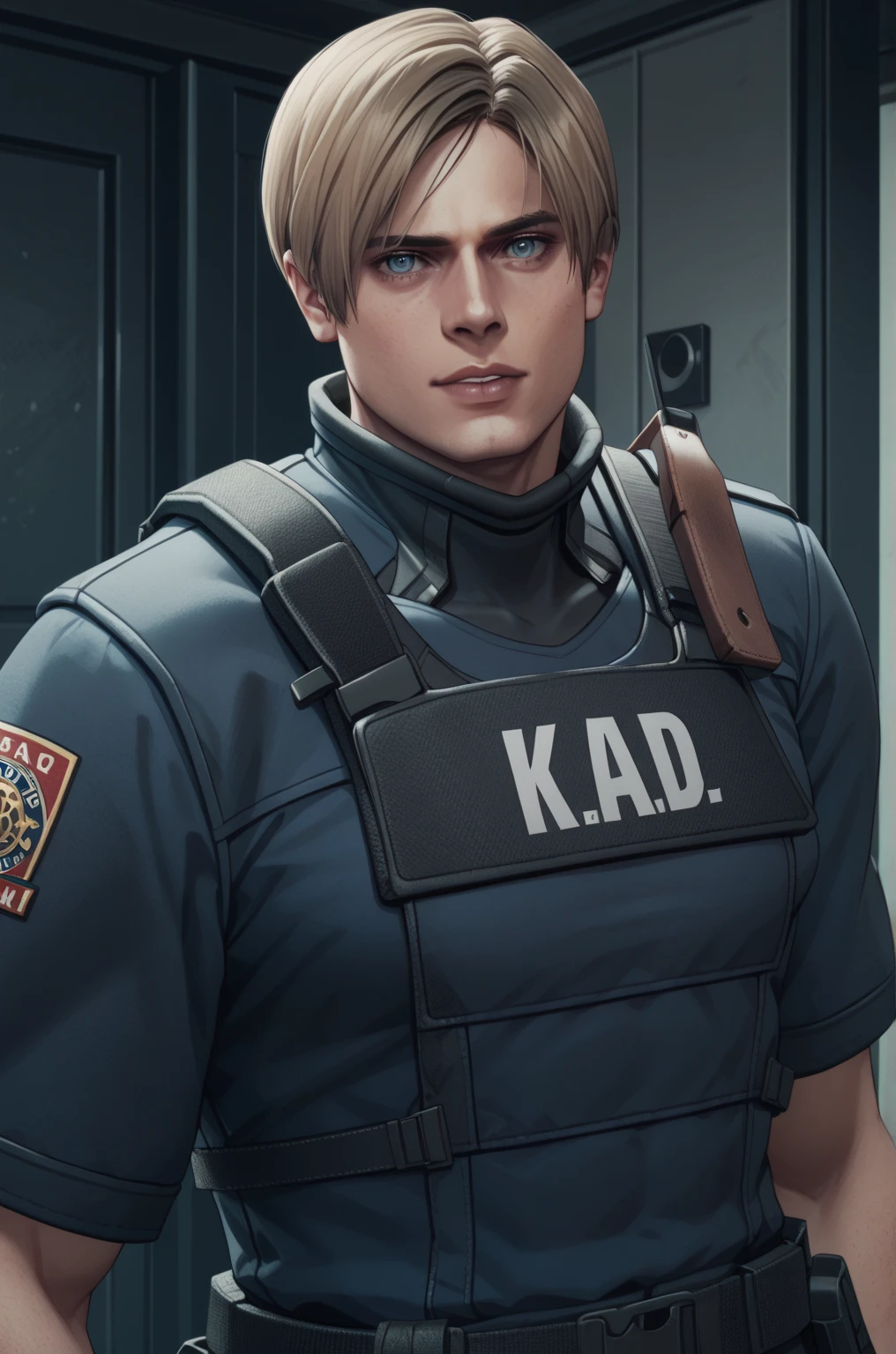     (High resolution CG), (  top quality  ), (. Kennedy), (Overall view)    Huagai with a cool and handsome face  ,SWAT Clothing,    beauty, 18 years old,    muscular and tight ,  Cool and attractive  , Sharp Eye