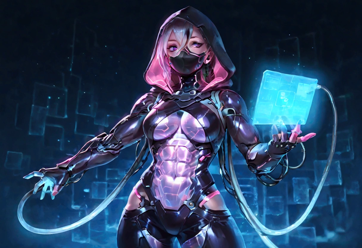 Female cyborg ninja, cobra hood, wearing ninja clothes, cyberpunk, sexy, well-toned abs, connected to thick cables, hologram displays, futuristic computers and surgery