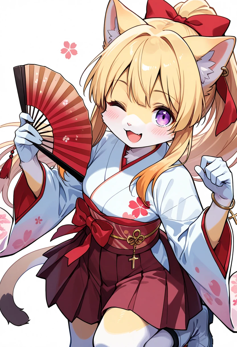 1girl, (furry, kemono:1.3), cat girl, animal nose, catears, cat tail, obi, 1girl, blonde hair, one eye closed, purple eyes, open mouth, long hair, ponytail, high ponytail, ;d, blush, very long hair, gloves, skirt, sash, boots, japanese clothes, wide sleeves, earrings, pleated skirt, kimono, hair ribbon, bracelet, long sleeves, looking at viewer, solo, holding, white background, simple background, white gloves, white footwear, smile, hand fan, jewelry, cross, red skirt, folding fan, holding fan, red ribbon, masterpiece, best quality, very aesthetic, absurdres