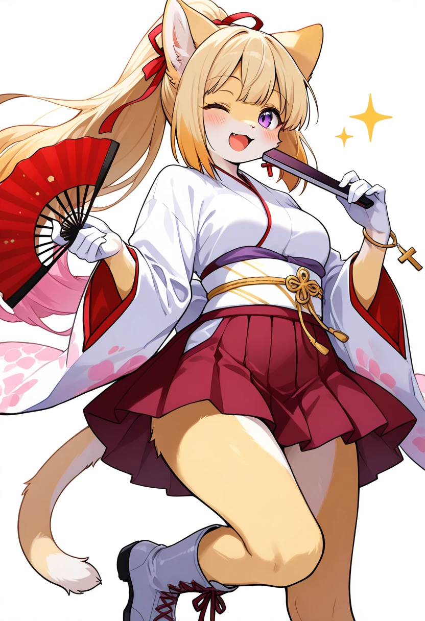 1girl, (furry, kemono:1.3), cat girl, animal nose, catears, cat tail, obi, 1girl, blonde hair, one eye closed, purple eyes, open mouth, long hair, ponytail, high ponytail, ;d, blush, very long hair, gloves, skirt, sash, boots, japanese clothes, wide sleeves, earrings, pleated skirt, kimono, hair ribbon, bracelet, long sleeves, looking at viewer, solo, holding, white background, simple background, white gloves, white footwear, smile, hand fan, jewelry, cross, red skirt, folding fan, holding fan, red ribbon, masterpiece, best quality, very aesthetic, absurdres