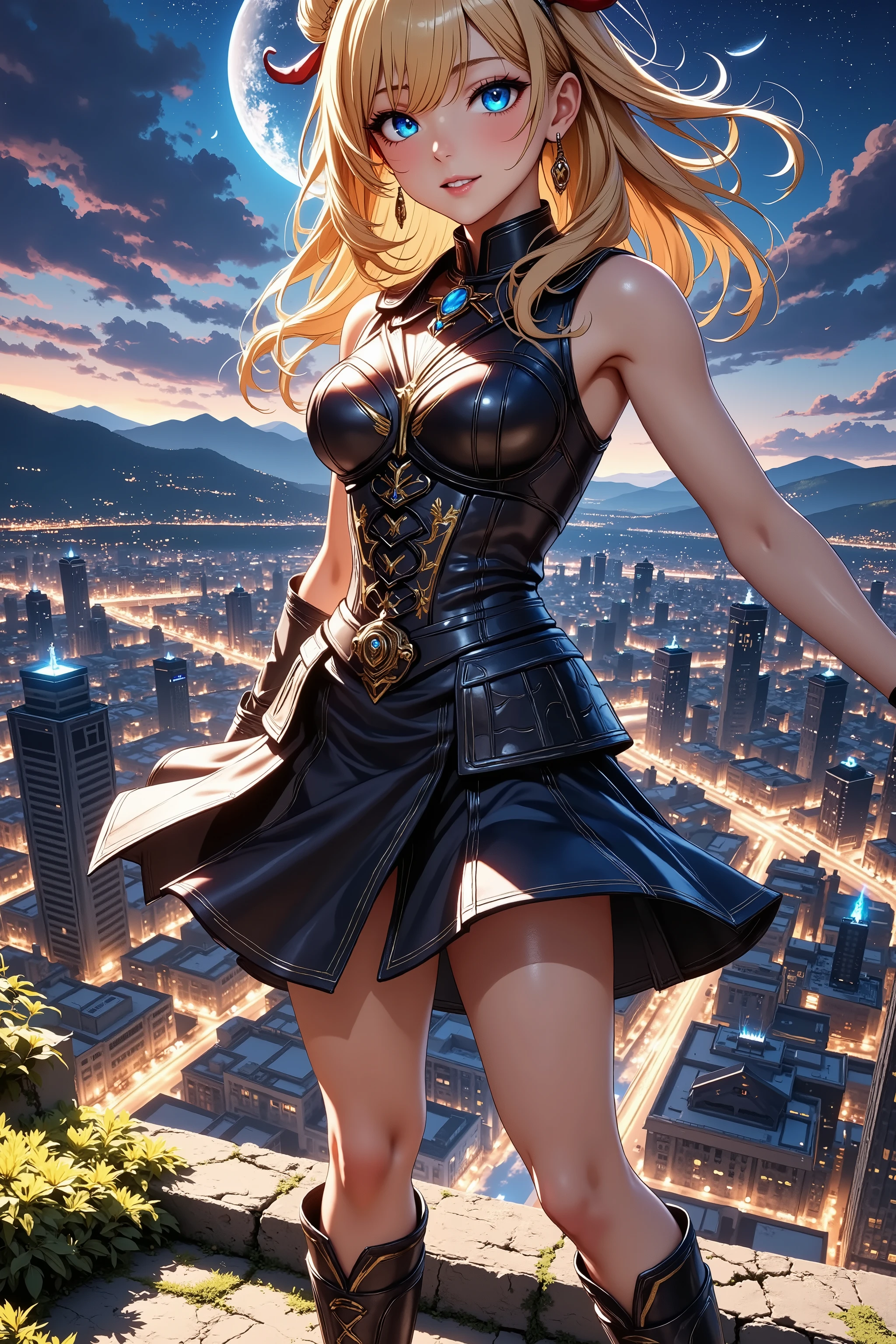 An uninouchi overlooking the town、 Japanese Knife 、Sengoku Warlord Armor、glossy brown skin, small breasts, video, yellow hair, inviting, top quality, textured skin, thin legs, high heels, movie light effect, Mountain top, Big city night view 