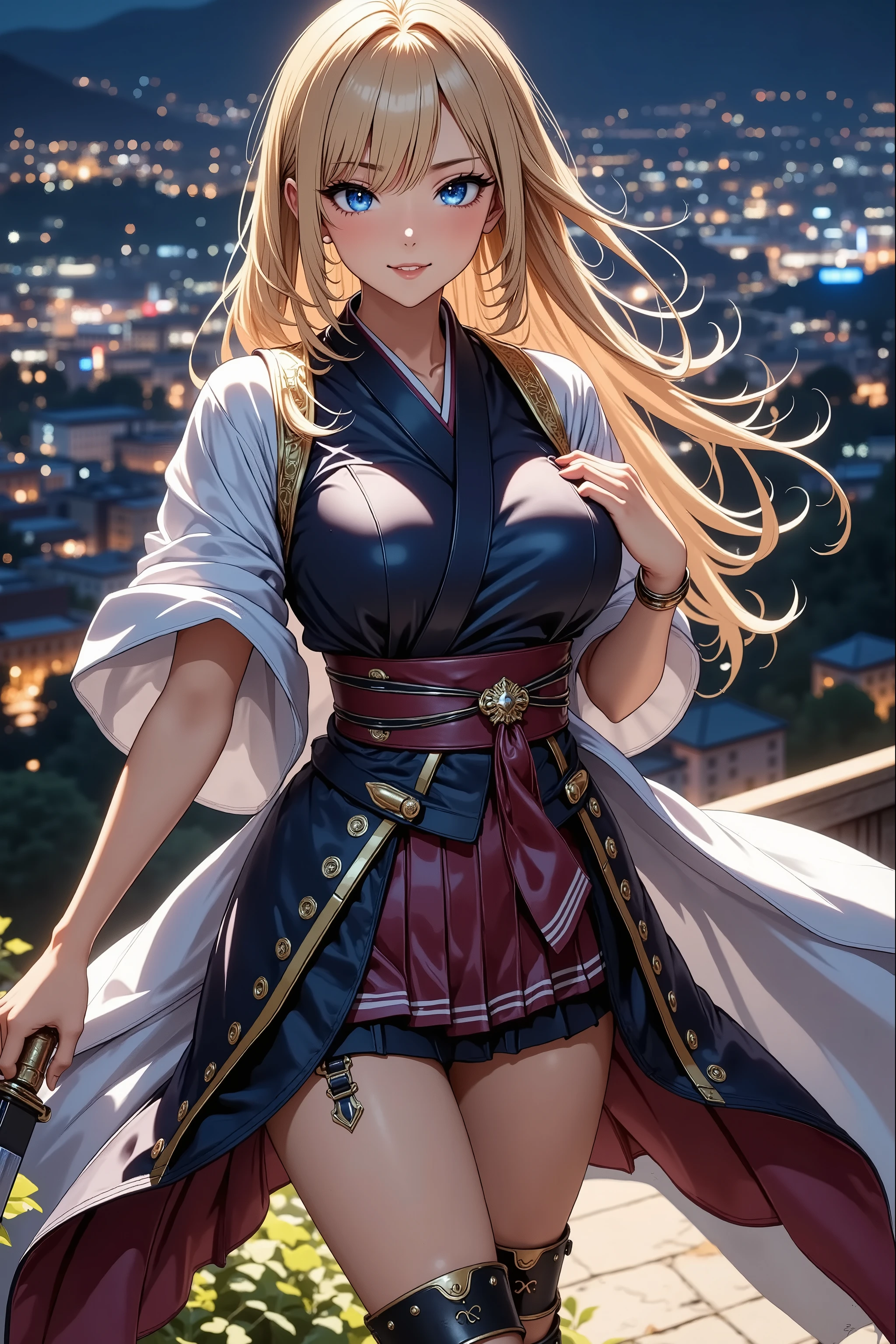 An uninouchi overlooking the town、 Japanese Knife 、Sengoku Warlord Armor、glossy brown skin, small breasts, video, yellow hair, inviting, top quality, textured skin, thin legs, high heels, movie light effect, Mountain top, Big city night view , Japanese Kimono