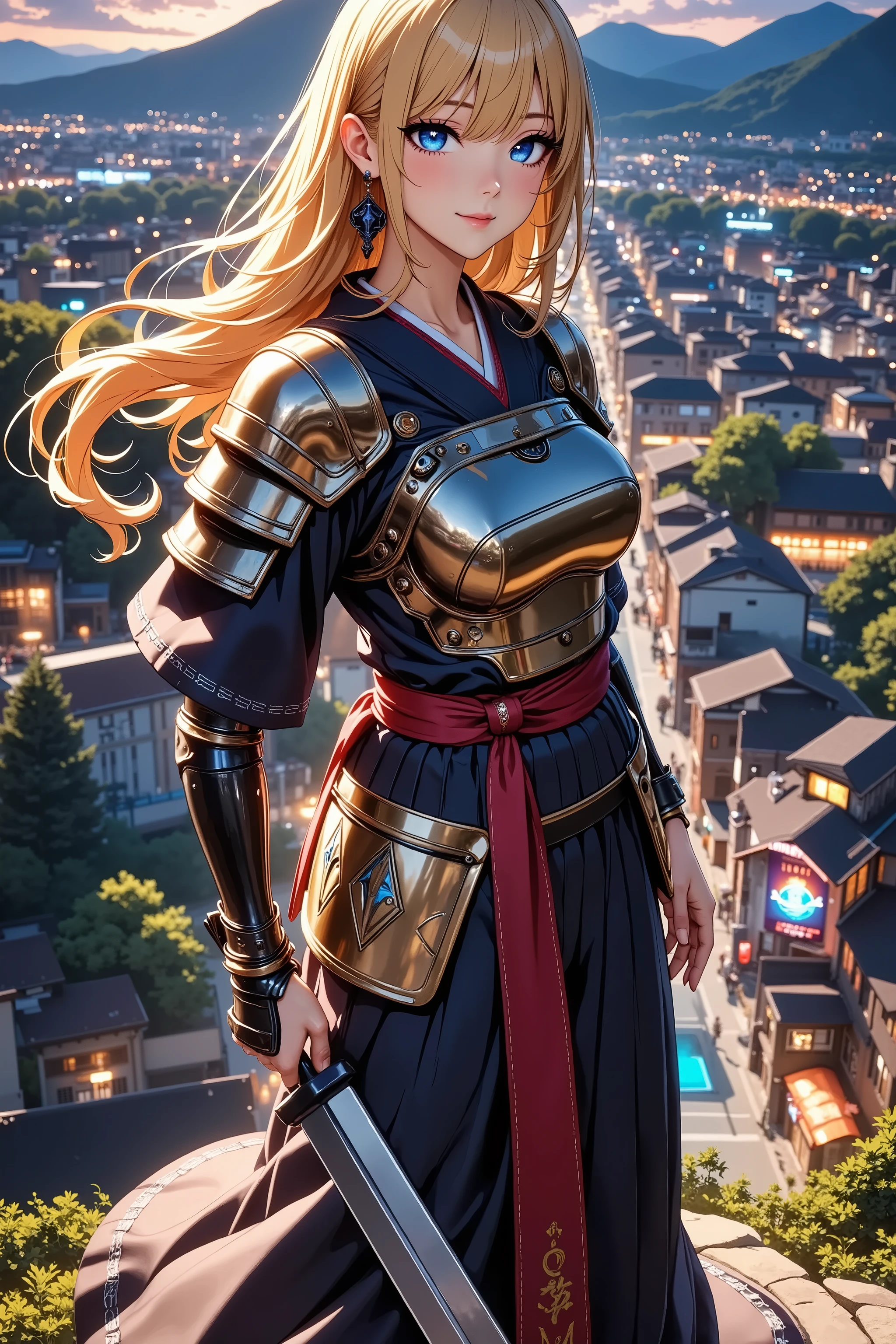 An uninouchi overlooking the town、 Japanese Knife 、Sengoku Warlord Armor、glossy brown skin, small breasts, video, yellow hair, inviting, top quality, textured skin, thin legs, high heels, movie light effect, Mountain top, Big city night view , Japanese Kimono