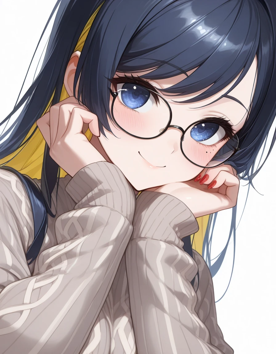 ((dark blue eye)),(masterpiece, best quality, ultra detailed,  highres icon,1girl),busty,model-like physique,Alone,white background, dark blue hair yellow inner hair,yellow inner hair,mole under left eye,big eyes,8k,light makeup,shiny skin,blushing like crazy,glossy lip,very beautiful red nails,,swept bangs,detailed eyes,Dutch angle, wearing glasses,Striped knit with cute sleeves,((big smile))