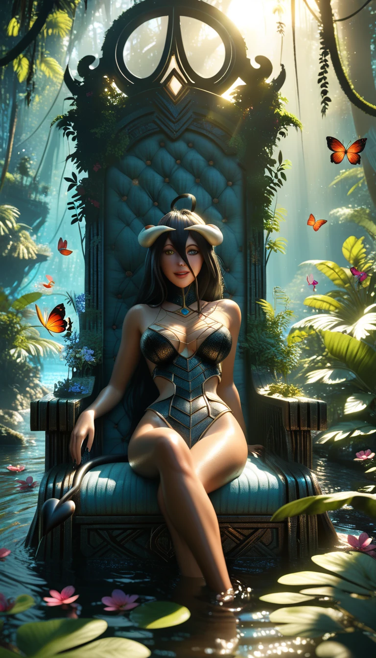 Futuristic ethereal seahorse,Sci-fi butterflies,future seahorse,sea horse,Futuristic jungle background,tmasterpiece,（Very detailed CG unified 8k wallpaper）,（Best quality at best）,（Best Best Illustration）,（The best shadow）,The background is a forest theme,With natural elements,flowers blooming,warm color palette,surrounded by exquisite leaves and branches,rays of sunshine,（nature elements）,（Jungle theme）,（leafs）,（particle effect）,isometric 3D,Rendered by Octane, Ray traching,ultra - detailed (Score_9, score_8, score_7_up)(Best quality)(4k)(High resolution)(Masterpiece:1.2)(Ultra detailed) Succubus girl,  Albedo laying on water, demon tail, demon wings, black hair, (Scales skin succubus)(dragon eyes)(sitting on chaos throne)(1girl)(front view)(elf)(demon horns)(gothic face)( font eyebrows)(Demonic background)(goth face)(black hair)(Succubus)(demon tail)(scales skin)