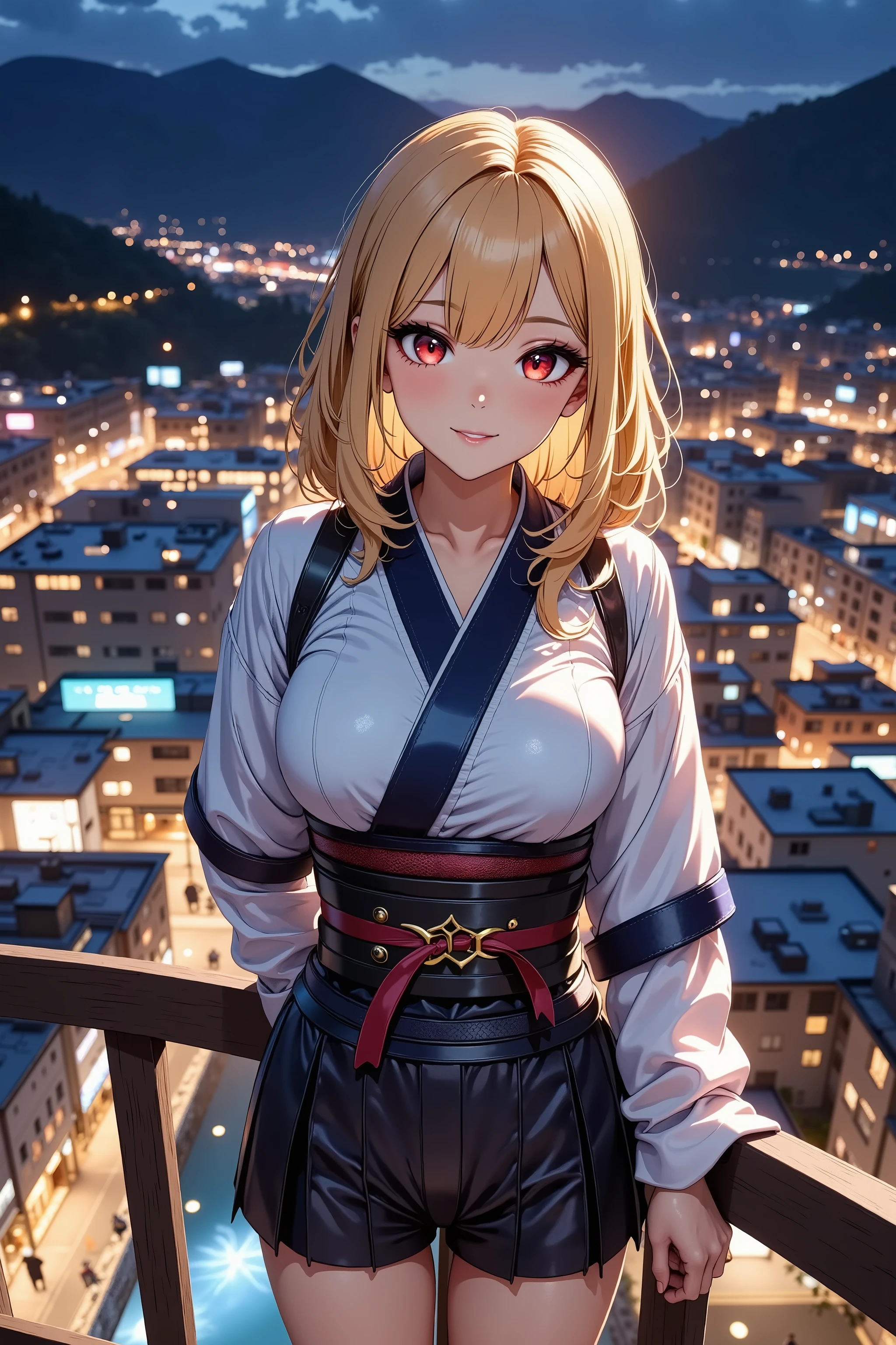 An uninouchi overlooking the town、 Japanese Knife 、Sengoku Warlord Armor、glossy brown skin, small breasts, video, yellow hair, inviting, top quality, textured skin, thin legs, high heels, movie light effect, Mountain top, Big city night view , Japanese Kimono