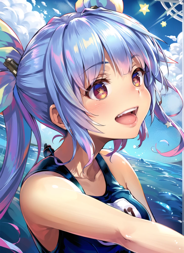 (masterpiece), (best quality), (ultra-detailed), photorealistic, (best illustration), (an extremely delicate and beautiful), 1girl, solo, close-up, (iku:1.1), finely detailed iris, one-piece swimsuit, hair accessory, smile, twintails, hair ribbon, multicolored hair, long hair, (fang:0.8), 19, old school swimsuit, (star-shaped pupils:1.22), :d, hand, name tag, (star \(symbol\):1.22),