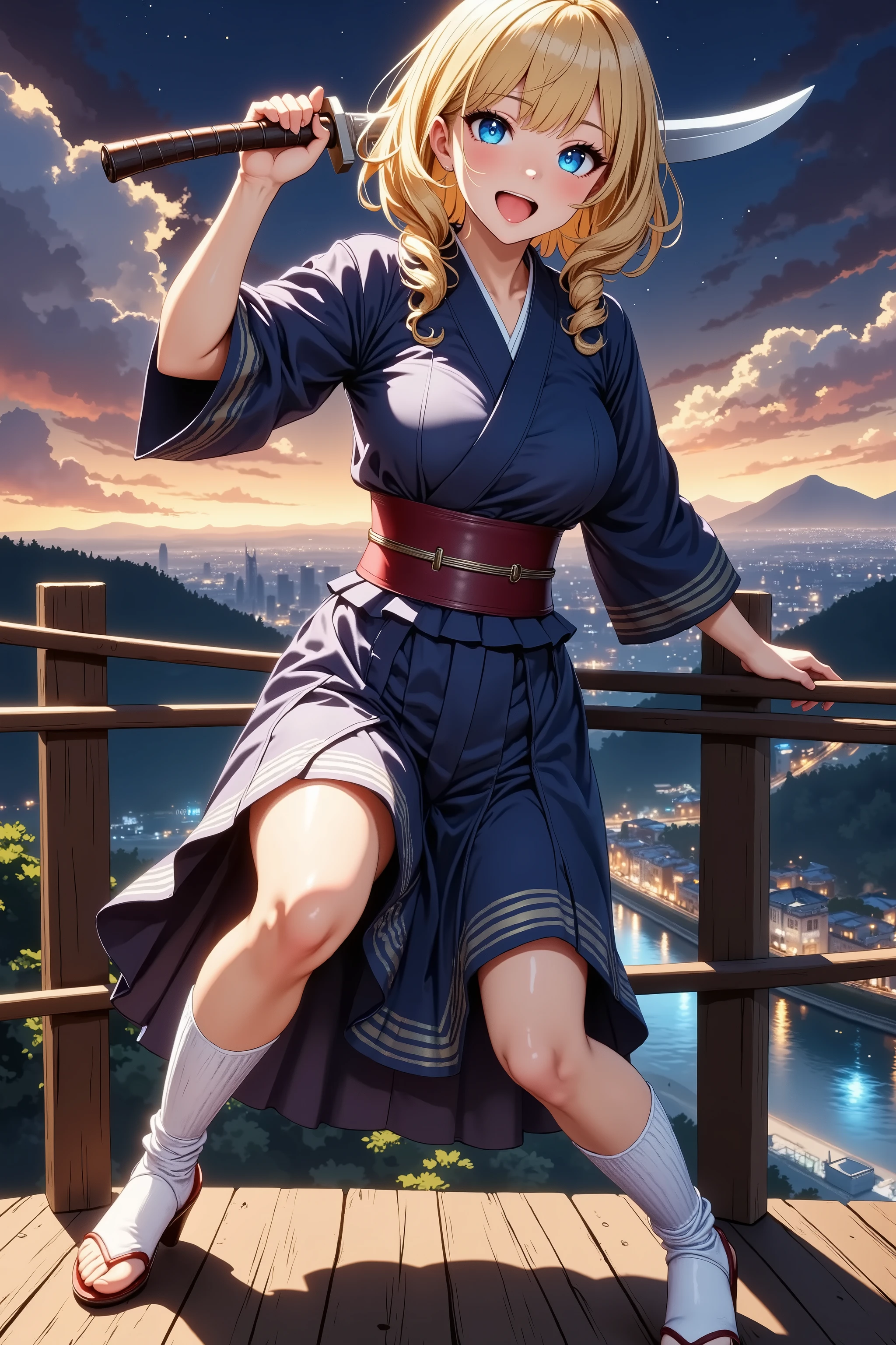 An uninouchi overlooking the town、 Japanese Knife 、Sengoku Warlord Armor、glossy brown skin, small breasts, video, yellow hair, inviting, top quality, textured skin, thin legs, high heels, movie light effect, Mountain top, Big city night view , Japanese Kimono