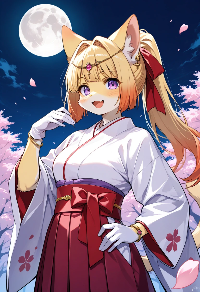 1girl, (furry, kemono:1.3), cat girl, animal nose, catears, cat tail,  obi, 1girl, blonde hair, open mouth, purple eyes, long hair, hair intakes, ponytail, high ponytail, :d, hand on own hip, gloves, skirt, earrings, japanese clothes, pleated skirt, wide sleeves, hair ribbon, sash, bracelet, kimono, long sleeves, hakama, circlet, looking at viewer, petals, solo, moon, cowboy shot, signature, jewelry, smile, white gloves, red skirt, red ribbon, cross, full moon, night, sky, falling petals, gem, masterpiece, best quality, very aesthetic, absurdres