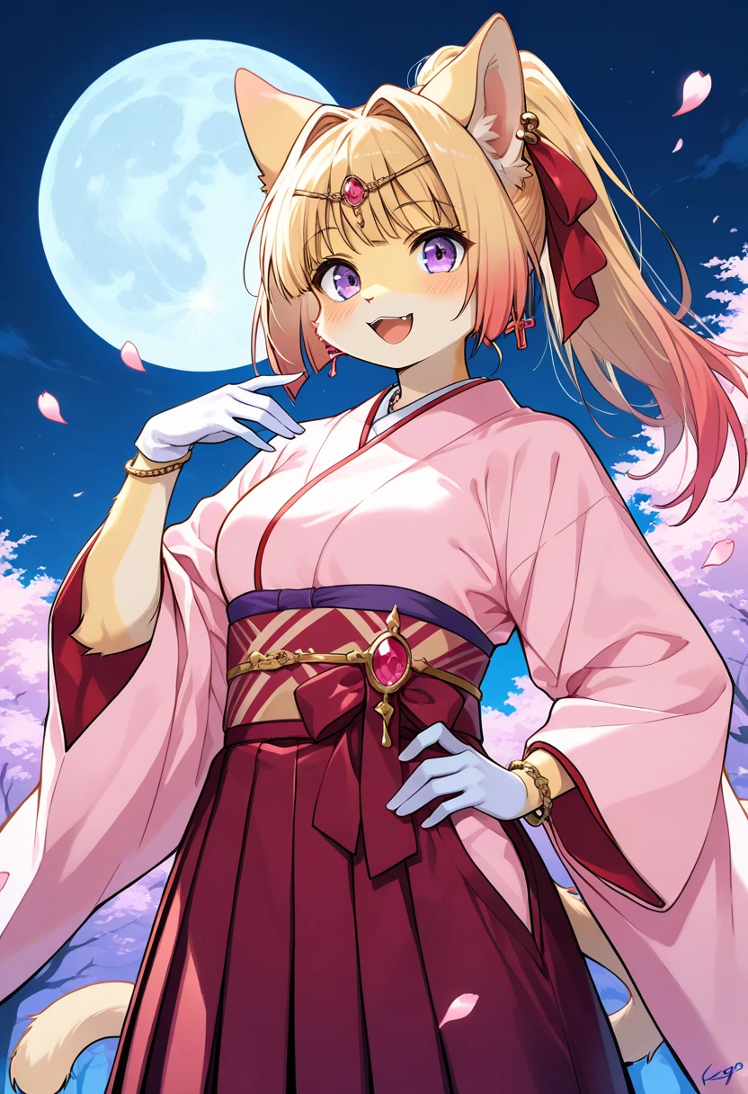 1girl, (furry, kemono:1.3), cat girl, animal nose, catears, cat tail,  obi, 1girl, blonde hair, open mouth, purple eyes, long hair, hair intakes, ponytail, high ponytail, :d, hand on own hip, gloves, skirt, earrings, japanese clothes, pleated skirt, wide sleeves, hair ribbon, sash, bracelet, kimono, long sleeves, hakama, circlet, looking at viewer, petals, solo, moon, cowboy shot, signature, jewelry, smile, white gloves, red skirt, red ribbon, cross, full moon, night, sky, falling petals, gem, masterpiece, best quality, very aesthetic, absurdres