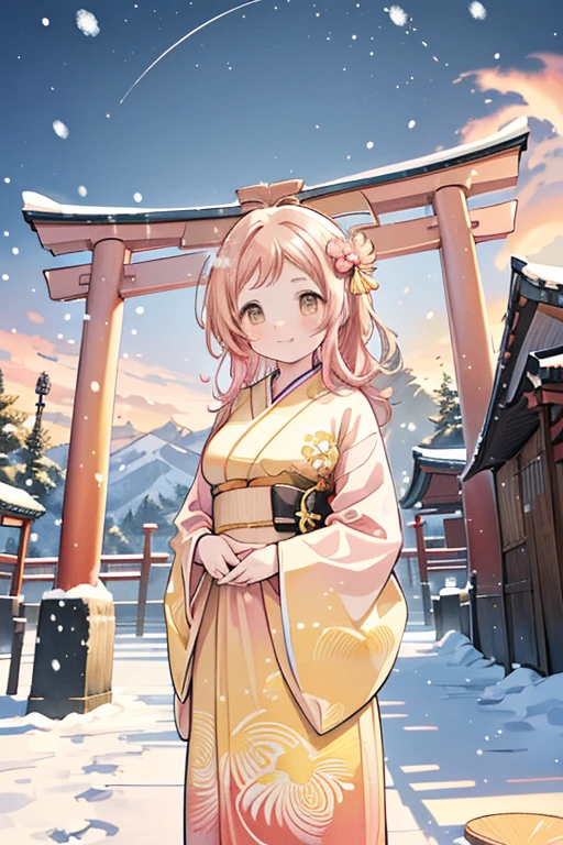 Sakuragi Mano, ((Mega Breasts)), Absolute territory,　smile, Fluffy, (Healing), ((feathers)),　brooch, medium hair, best quality, masterpiece, blush, light brown hair, 　outside curling hairstyle, side fringe, (forehead : 1.28), left-right symmetry fashion,　 winter, ((((snow)))), light brown hair, light brown eyes, 　(((spoken heart))), (Floral pattern furisode), (shrine), new year, (Japanese style gorgeous big vivid red flower hair ornaments), ((rich yellow obi)), ((((Gradient pattern very vivid pink and yellow frisode)))), sunrise, morning, standing, mountain, ((((hawk)))),　torii gate,