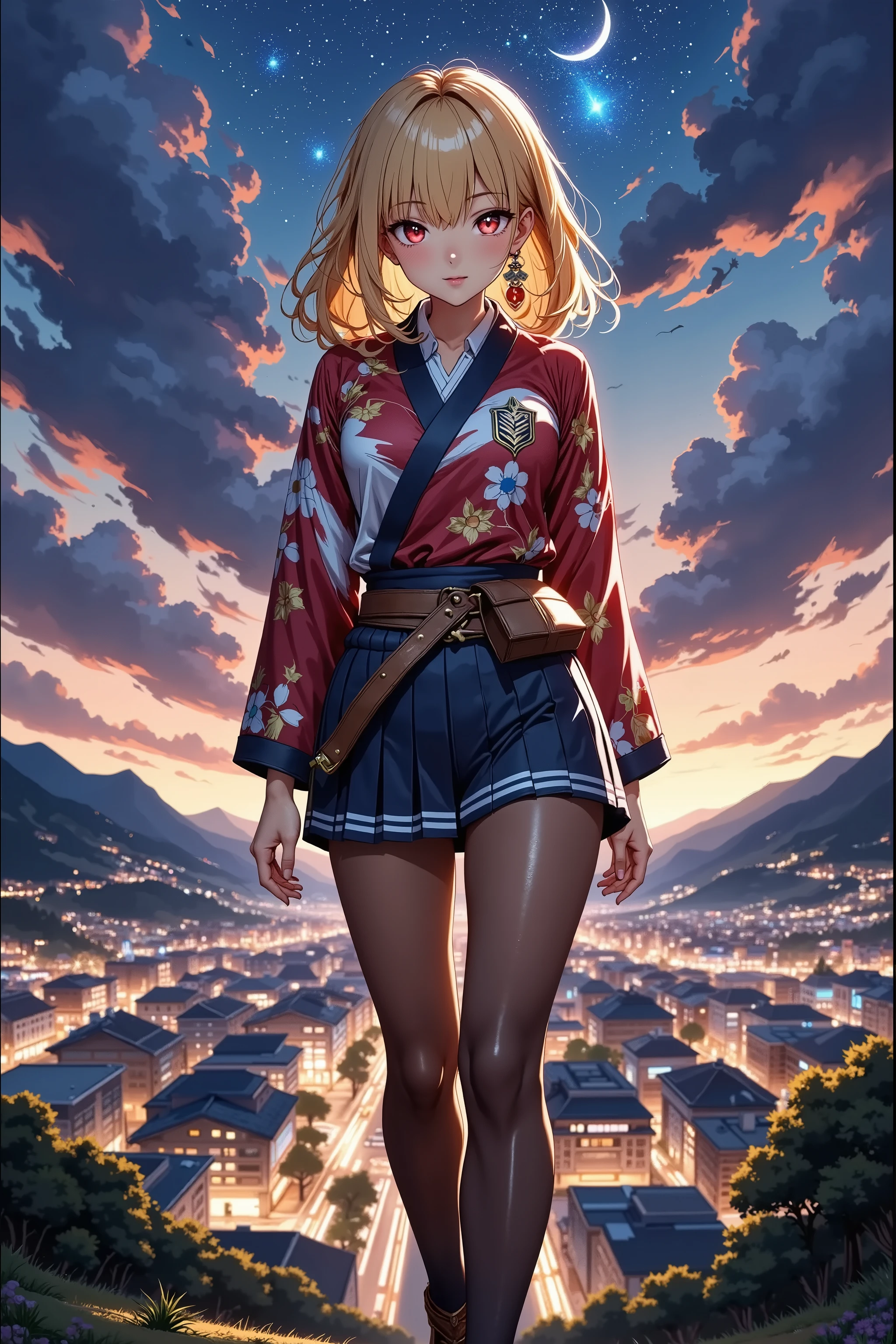 An uninouchi overlooking the town、 Japanese Knife 、Sengoku Warlord Armor、glossy brown skin, small breasts, video, yellow hair, inviting, top quality, textured skin, thin legs, high heels, movie light effect, Mountain top, Big city night view , Japanese Kimono