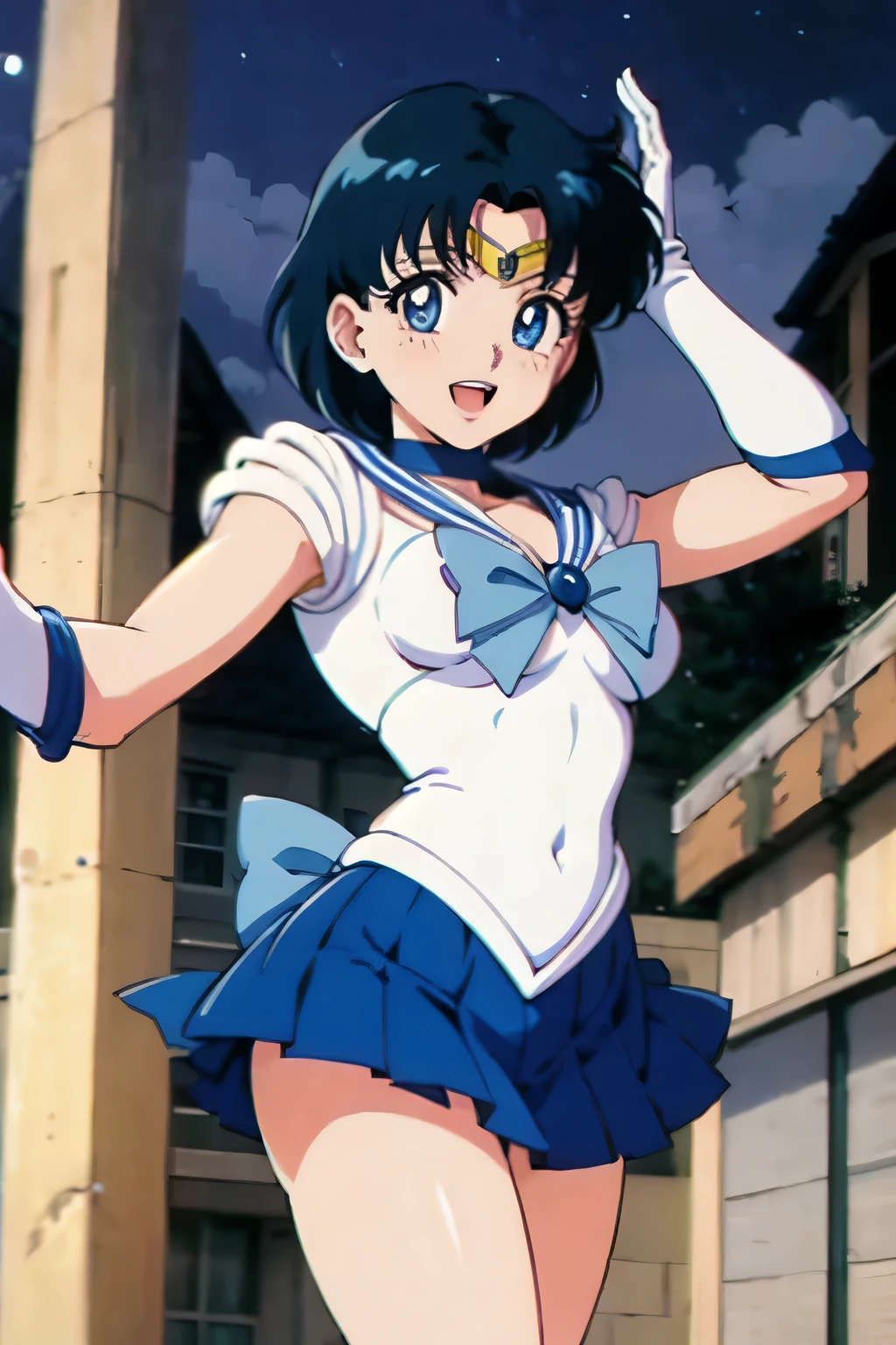 (masterpiece), 1girl, solo, perfect sexy female body,  anime screencap,1990s \(style\), (art by Naoko Takeuchi), rooftop, skyline, night, fog, starry sky, full moon, bishoujo senshi sailor moon, EPsmSailorMercury, short hair, blue hair, blue eyes, skirt, white gloves, cowboy shot, tiara, choker, solo, pleated skirt, blue skirt, smile, gloves, circlet, blue choker, open mouth, elbow gloves, sailor collar, back bow, sailor senshi uniform, jewelry, bow, blue bow, magical girl, blue sailor collar, ((sleeveless)), armpit