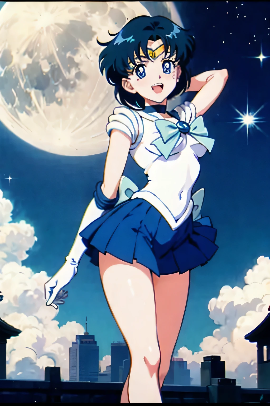 (masterpiece), 1girl, solo, perfect sexy female body,  anime screencap,1990s \(style\), (art by Naoko Takeuchi), rooftop, skyline, night, fog, starry sky, full moon, bishoujo senshi sailor moon, EPsmSailorMercury, short hair, blue hair, blue eyes, skirt, white gloves, cowboy shot, tiara, choker, solo, pleated skirt, blue skirt, smile, gloves, circlet, blue choker, open mouth, elbow gloves, sailor collar, back bow, sailor senshi uniform, jewelry, bow, blue bow, magical girl, blue sailor collar, ((sleeveless)), armpit