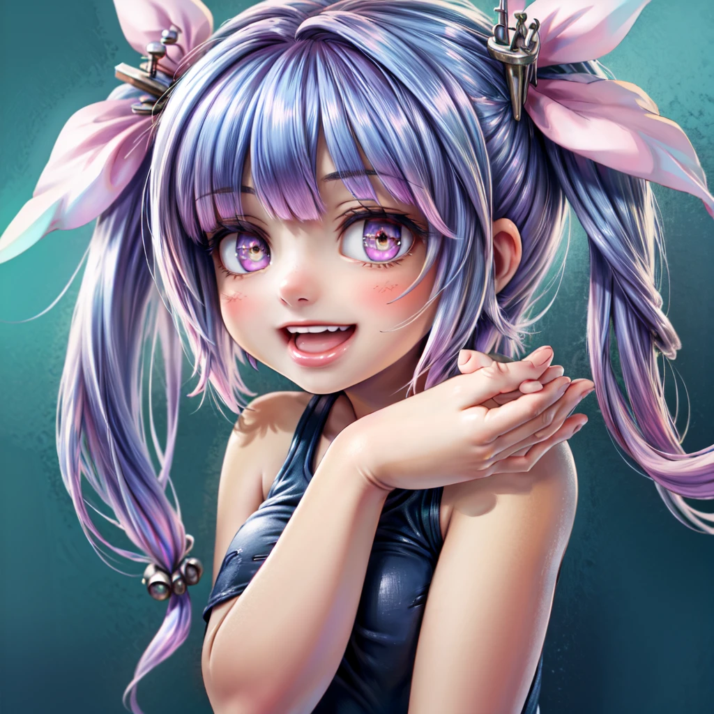 (masterpiece), (best quality), (ultra-detailed), photorealistic, (best illustration), (an extremely delicate and beautiful), 1girl, solo, close-up, (iku:1.1), finely detailed iris, one-piece swimsuit, hair accessory, smile, twintails, hair ribbon, multicolored hair, long hair, (fang:0.8), 19, old school swimsuit, (star-shaped pupils:1.22), :d, hand, name tag, (star \(symbol\):1.22),