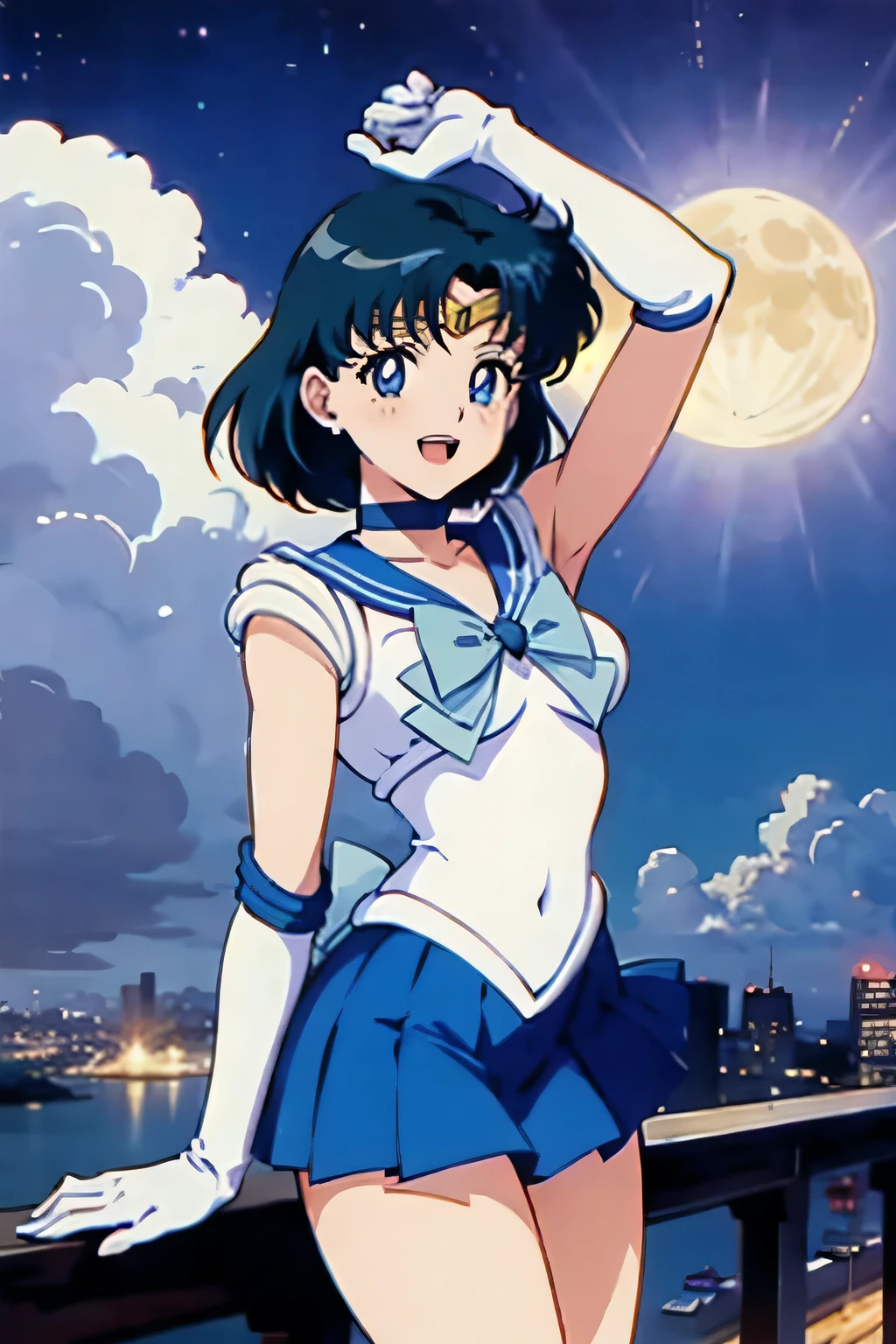 (masterpiece), 1girl, solo, perfect sexy female body, anime screencap,1990s \(style\), (art by Naoko Takeuchi), rooftop, skyline, night, fog, starry sky, full moon, bishoujo senshi sailor moon, EPsmSailorMercury, short hair, blue hair, blue eyes, skirt, white gloves, cowboy shot, tiara, choker, solo, pleated skirt, blue skirt, smile, gloves, circlet, blue choker, open mouth, elbow gloves, sailor collar, back bow, sailor senshi uniform, jewelry, bow, blue bow, magical girl, blue sailor collar, ((sleeveless)), armpit