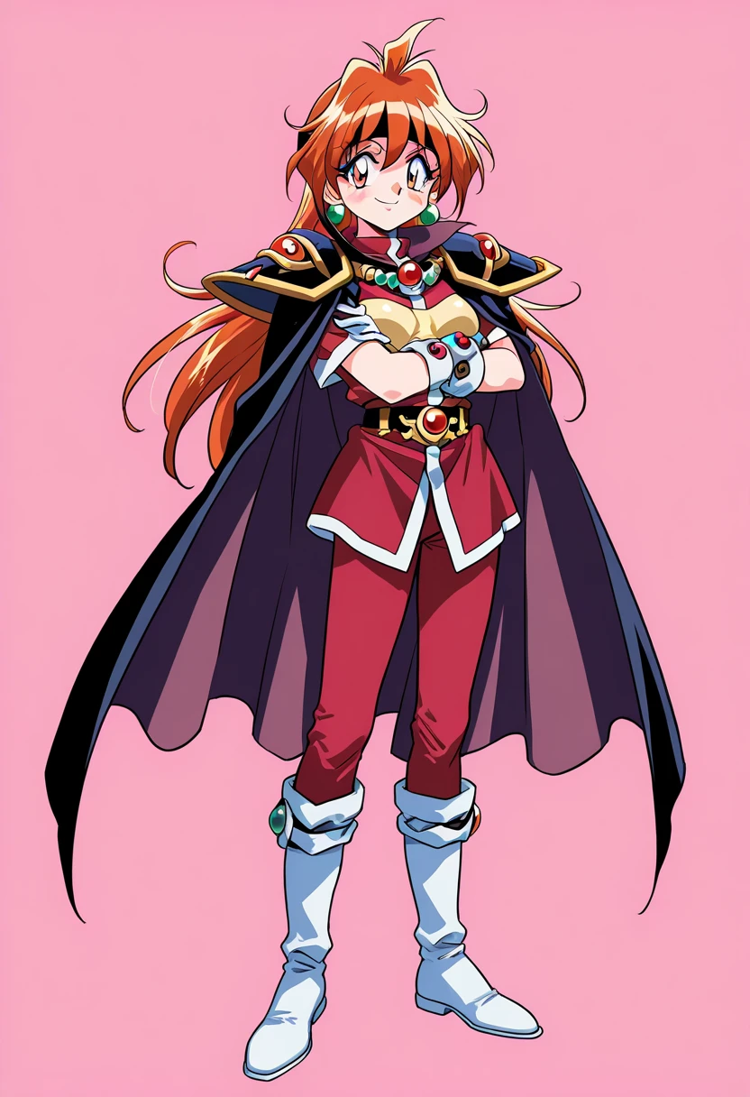  lina_inverse (slayers), 1girl, long hair, orange hair, red eyes, pauldrons, orange eyes, headband, gloves, cape, boots, earrings, armor, pants, knee boots, crossed arms, looking at viewer, standing, legs apart, solo, pink background, retro artstyle, full body, 1990s (style), simple background, jewelry, shoulder armor, white footwear, black headband, white gloves, smile, red shirt, red pants, black cape,