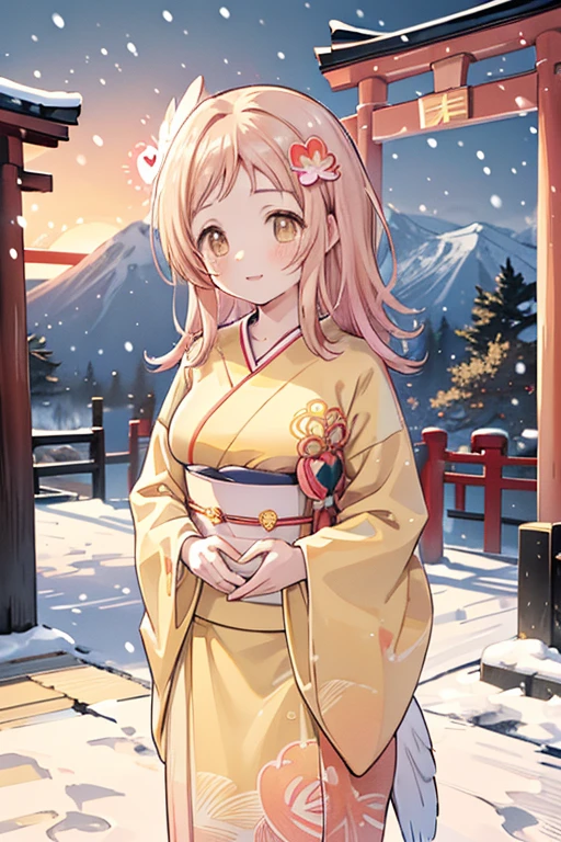 Sakuragi Mano, ((Mega Breasts)), Absolute territory,　smile, Fluffy, (Healing), ((feathers)),　brooch, medium hair, best quality, masterpiece, blush, light brown hair, 　outside curling hairstyle, side fringe, (forehead : 1.28), left-right symmetry fashion,　 winter, ((((snow)))), light brown hair, light brown eyes, 　(((spoken heart))), (Floral pattern furisode), (shrine), new year, (Japanese style gorgeous big vivid red flower hair ornaments), ((rich yellow obi)), ((((Gradient pattern very vivid pink and yellow frisode)))), sunrise, morning, standing, mountain, ((((hawk)))),　torii gate,