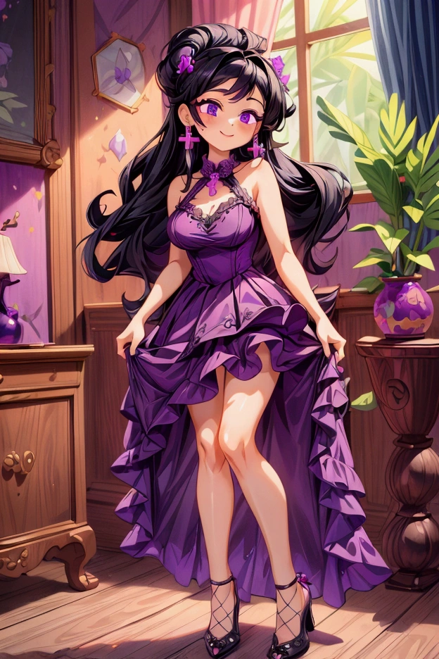 (Masterpiece, best quality) 1 girl, black hair, medium long hair, purple eyes, standing indoors with intricate details and sunlight. Purple frill dress short neckline, black heels, cross earrings. Sweet smile, sexy pose, coquette, beautiful legs, mature body, gorgeous, pronounced breasts