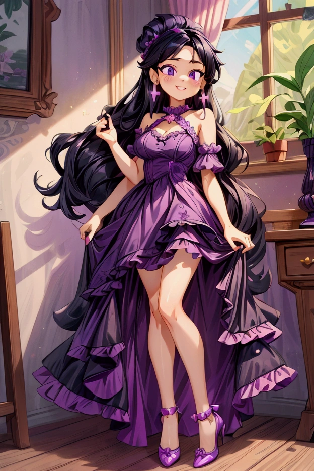 (Masterpiece, best quality) 1 girl, black hair, medium long hair, purple eyes, standing indoors with intricate details and sunlight. Purple frill dress short neckline, black heels, cross earrings. Sweet smile, sexy pose, coquette, beautiful legs, mature body, gorgeous, pronounced breasts