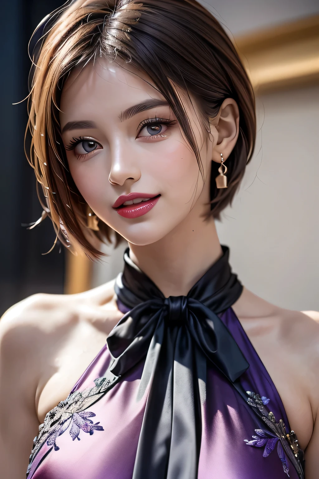 (1.    beauty ,    Supermodel   ), (      Perfect Anatomy ), (( upper body shot)), Golden Ratio, (top quality:1.4), 32k resolution, (    realistic      :1.5), High resolution UHD, (masterpiece :1.2)), (Improved quality:1.4), (  Very beautiful face details  ), (Grin), (top quality), ((purple silk dress decorated with finely detailed pattern :1.37)),    earrings,     necklace, (Big Breasts:1.3), (thigh), Accurate Fingers,   very detailed,   beautiful eyes,     double eyelids ,     eyelash    , Shaping your eyebrows, ((very detailed)),     red cheeks    , Ultra-     realistic      eyes, Perfect Lips,       perfect eyes,     natural cosmetics   , [ pink lipstick ], (( Commitment to quality       :1.2)), (    beautiful lips:1.33), (Great nose:1.2), (Big Breasts),       brunette pixie cut, ((    realistic    )), ((   Sharp Focus )), (     Highest Resolution ), ((    high image quality)), ((masterpiece)),     Professional Cinema Lighting  