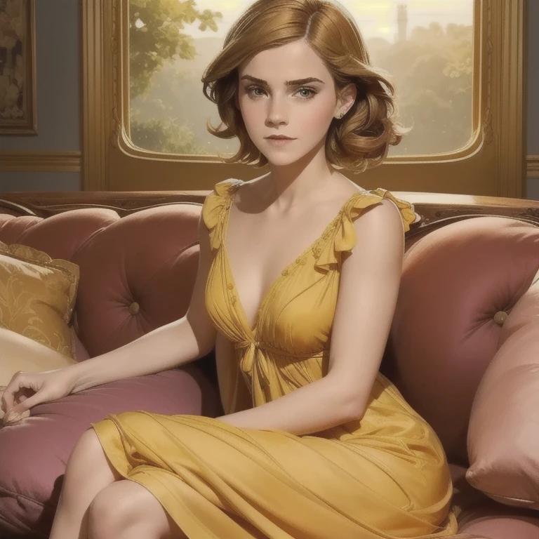 photo of Emma Watson (splendid, stunning face ,  perfect face , perfect whole body, wearing a summer dress, sitting on a comfortable sofa, (Sensual) (hyper-realistic)